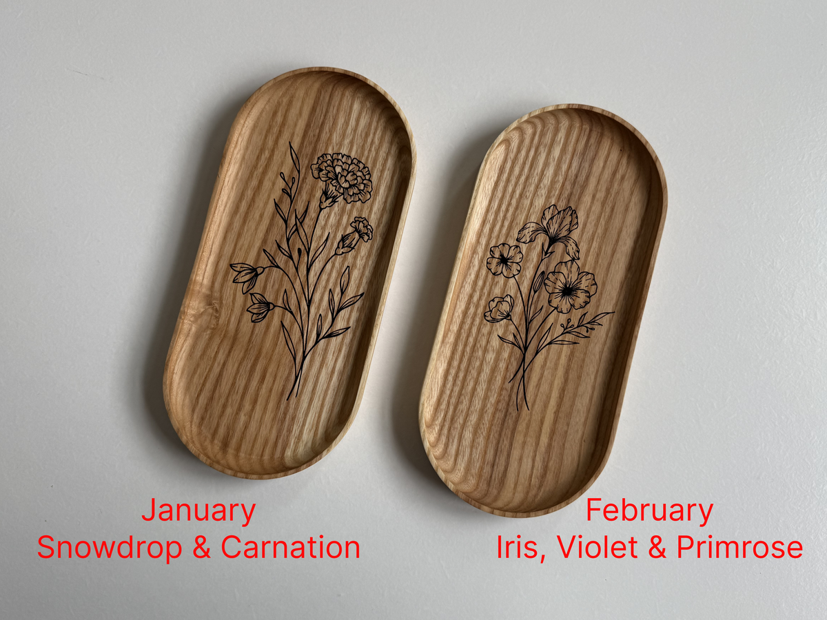 Handmade Hardwood Birth Month Flower Engraving Vanity Tray | Jewelry Catchall Dish | Wood Gift for Her, Mom, Wife