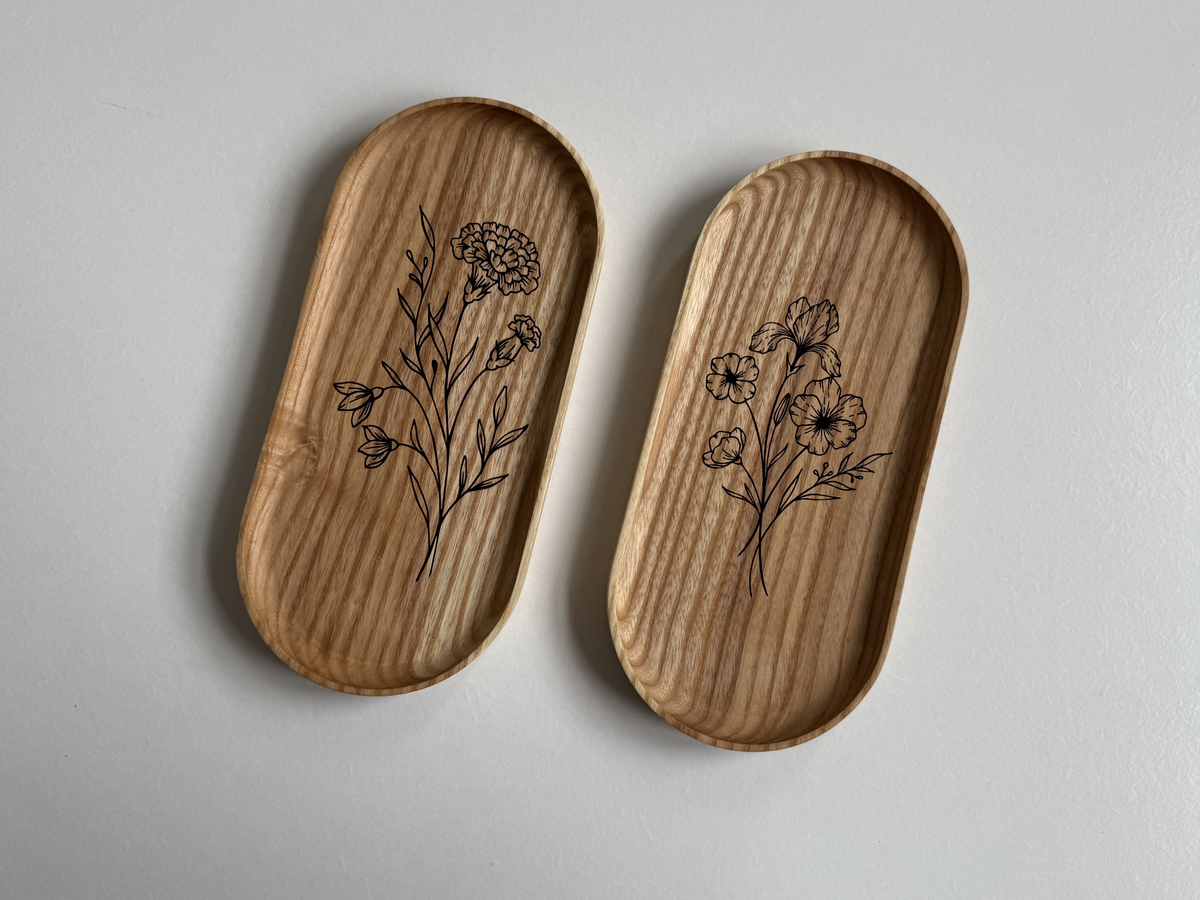 Handmade Hardwood Birth Month Flower Engraving Vanity Tray | Jewelry Catchall Dish | Wood Gift for Her, Mom, Wife