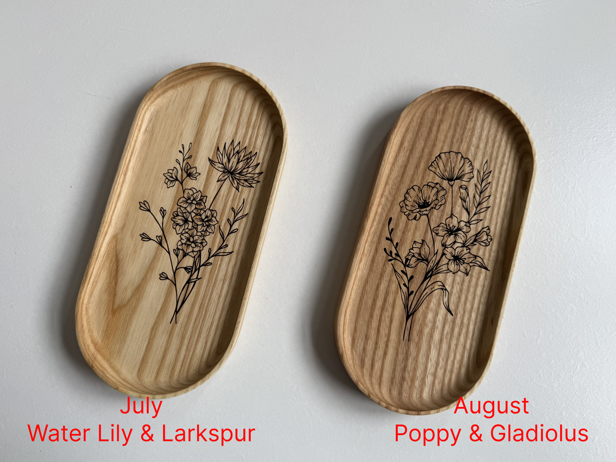 Handmade Hardwood Birth Month Flower Engraving Vanity Tray | Jewelry Catchall Dish | Wood Gift for Her, Mom, Wife
