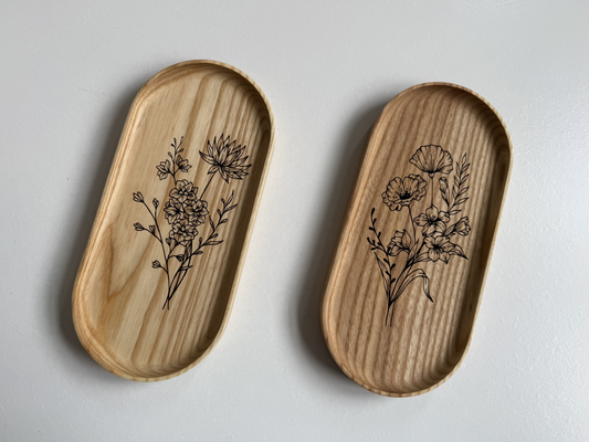 Handmade Hardwood Birth Month Flower Engraving Vanity Tray | Jewelry Catchall Dish | Wood Gift for Her, Mom, Wife