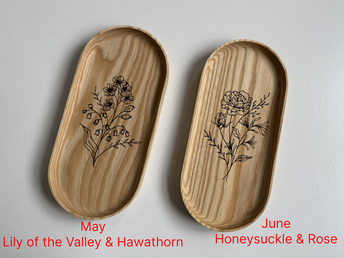 Handmade Hardwood Birth Month Flower Engraving Vanity Tray | Jewelry Catchall Dish | Wood Gift for Her, Mom, Wife