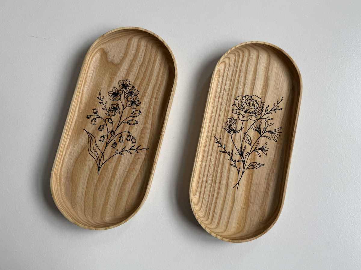 Handmade Hardwood Birth Month Flower Engraving Vanity Tray | Jewelry Catchall Dish | Wood Gift for Her, Mom, Wife