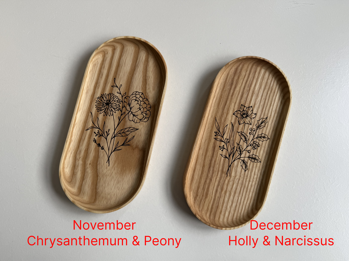 Handmade Hardwood Birth Month Flower Engraving Vanity Tray | Jewelry Catchall Dish | Wood Gift for Her, Mom, Wife