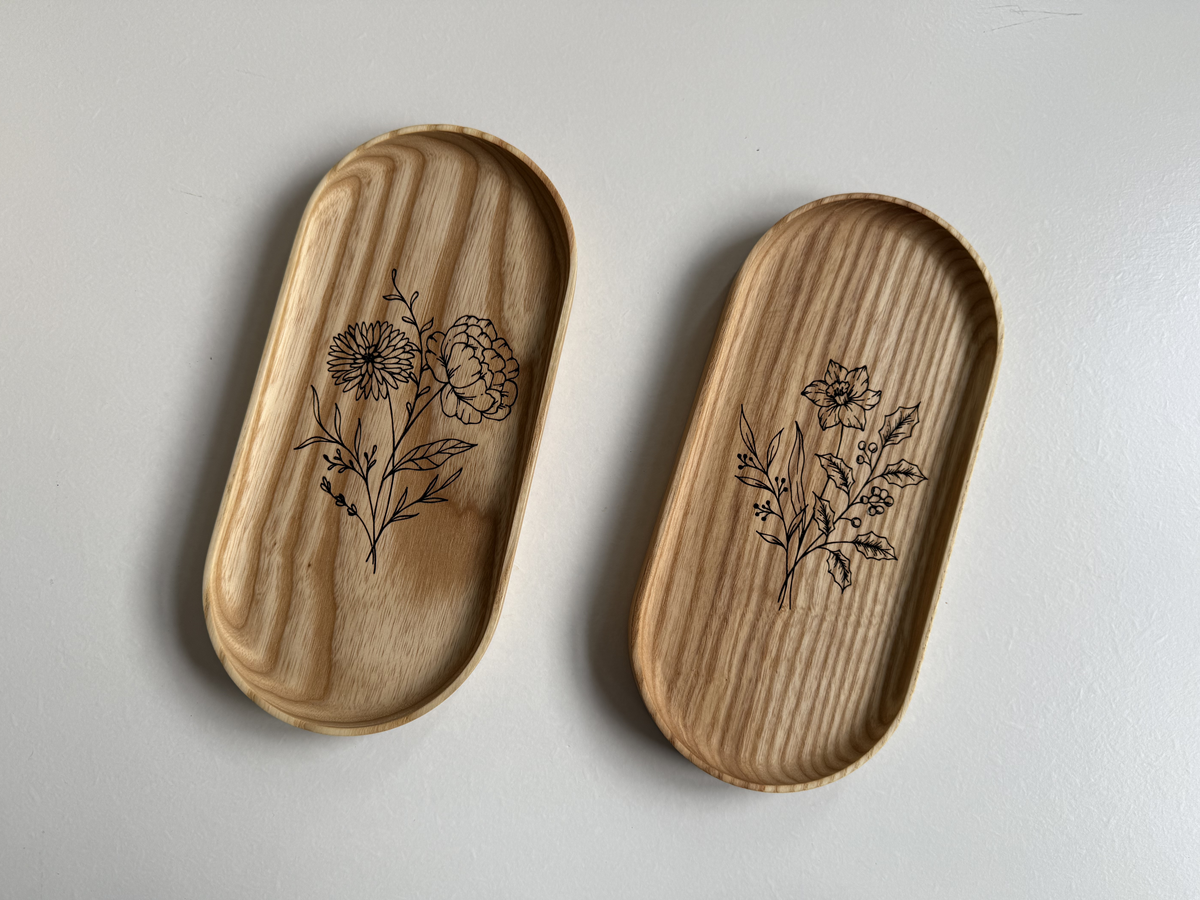 Handmade Hardwood Birth Month Flower Engraving Vanity Tray | Jewelry Catchall Dish | Wood Gift for Her, Mom, Wife
