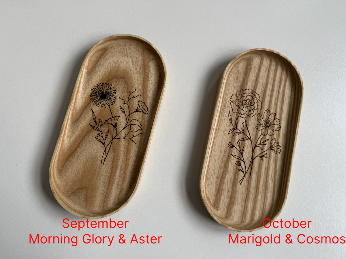 Handmade Hardwood Birth Month Flower Engraving Vanity Tray | Jewelry Catchall Dish | Wood Gift for Her, Mom, Wife