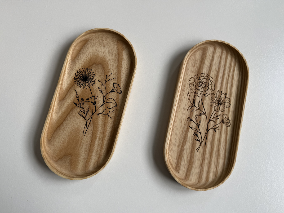 Handmade Hardwood Birth Month Flower Engraving Vanity Tray | Jewelry Catchall Dish | Wood Gift for Her, Mom, Wife