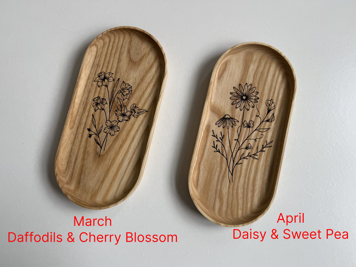 Handmade Hardwood Birth Month Flower Engraving Vanity Tray | Jewelry Catchall Dish | Wood Gift for Her, Mom, Wife