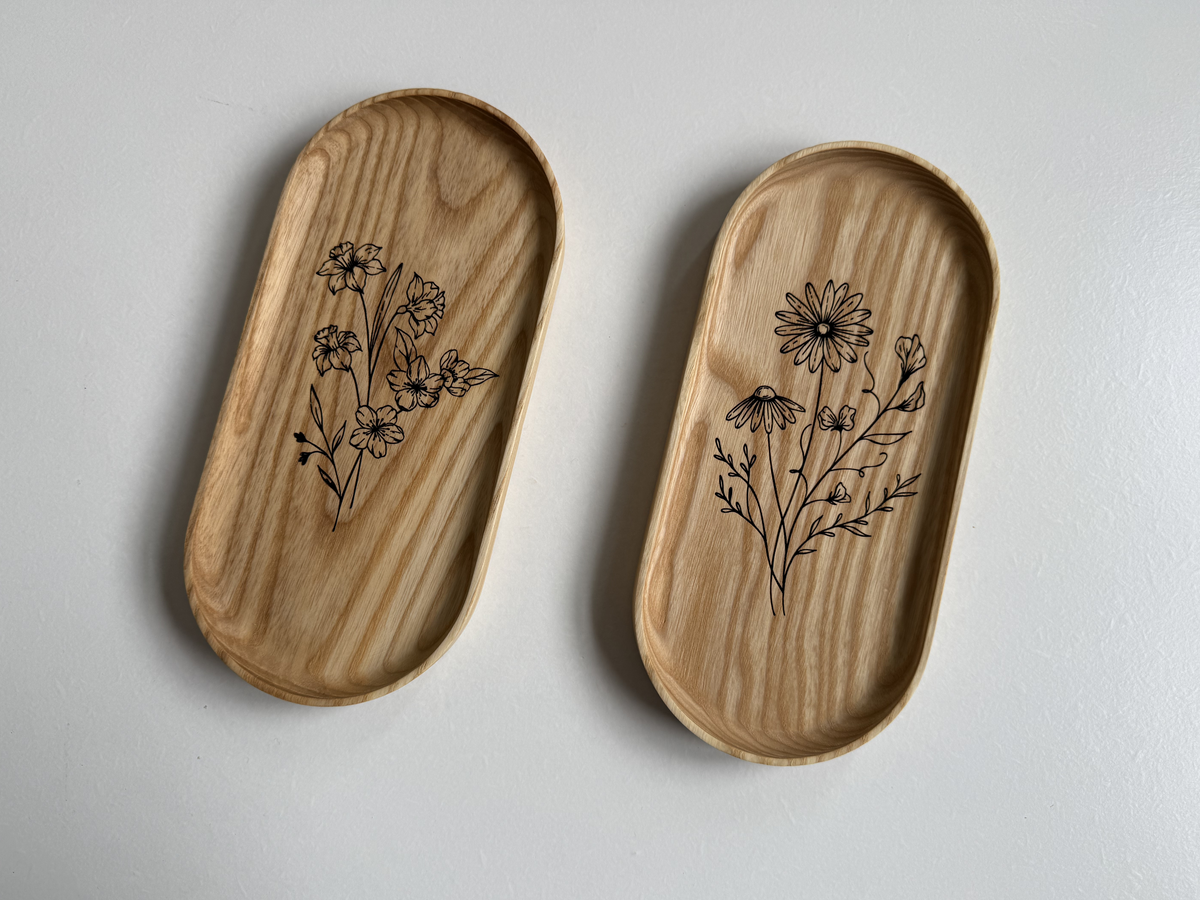 Handmade Hardwood Birth Month Flower Engraving Vanity Tray | Jewelry Catchall Dish | Wood Gift for Her, Mom, Wife