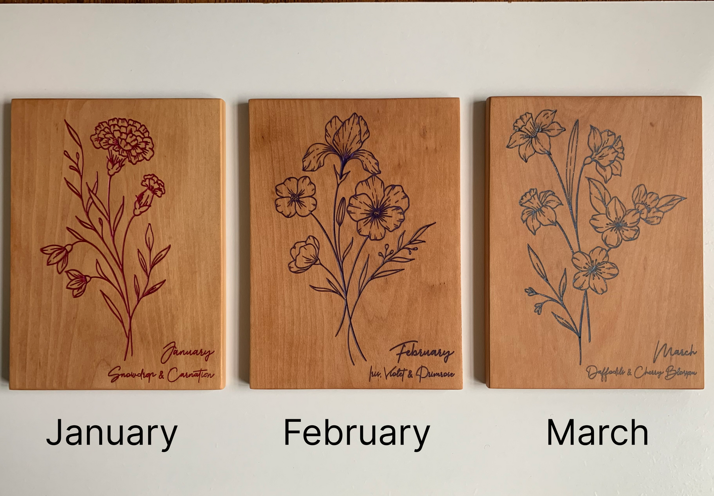 Birth month flower Wooden Wall art | Three pieces wall art | Home deco | Birthday gift | Mother's day gift | Anniversary gift | Perfect Gift idea