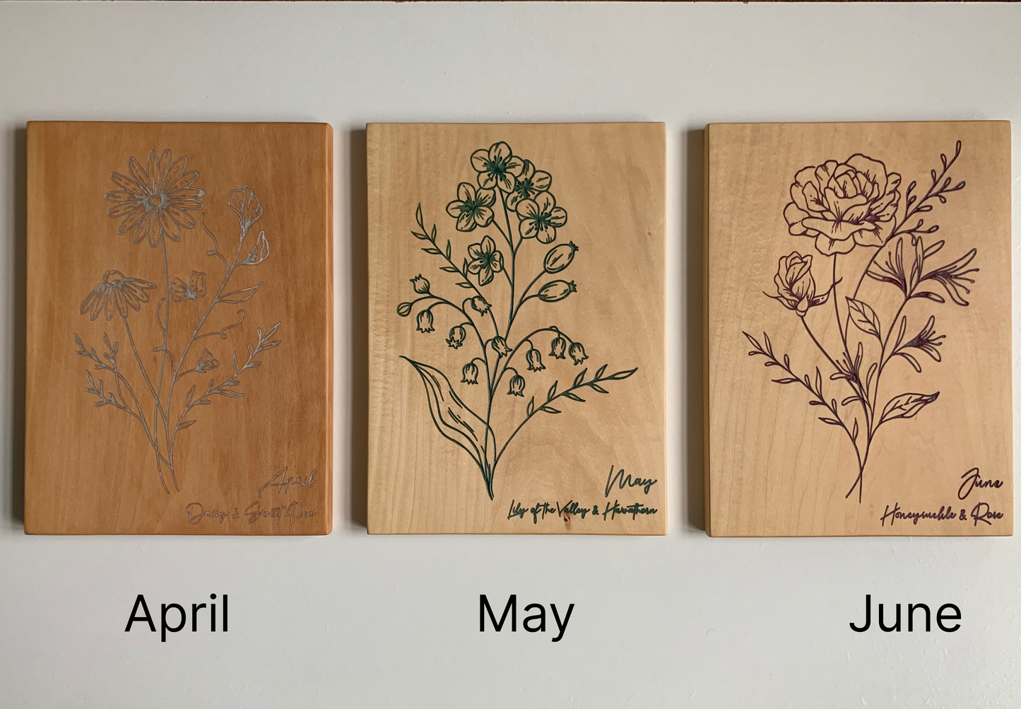 Birth month flower Wooden Wall art | Three pieces wall art | Home deco | Birthday gift | Mother's day gift | Anniversary gift | Perfect Gift idea