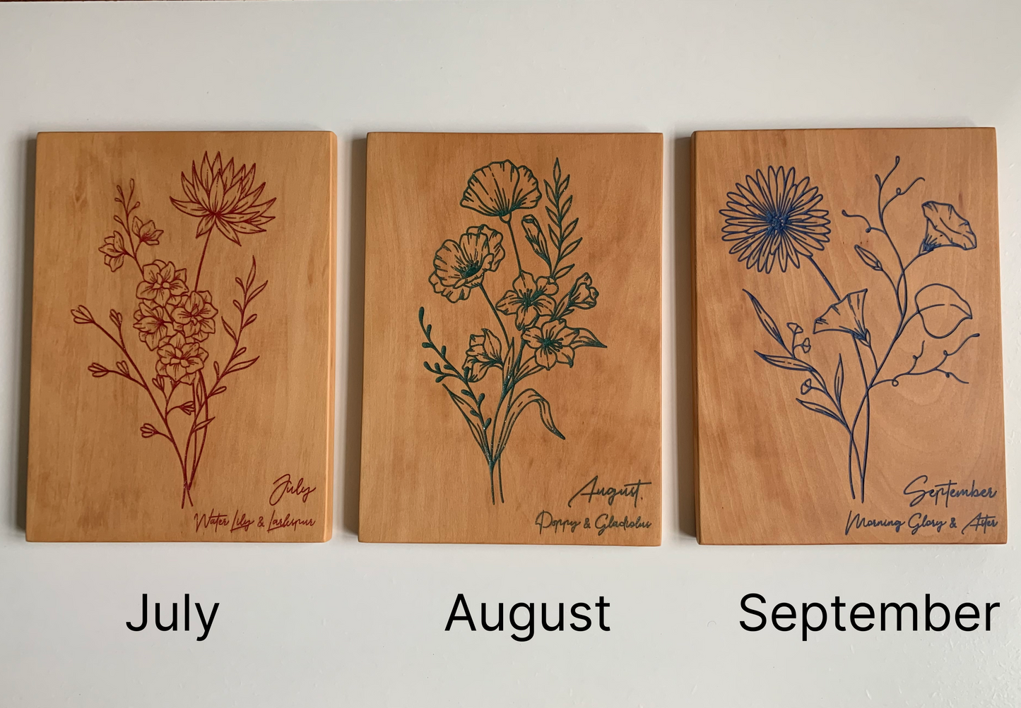 Birth month flower Wooden Wall art | Three pieces wall art | Home deco | Birthday gift | Mother's day gift | Anniversary gift | Perfect Gift idea