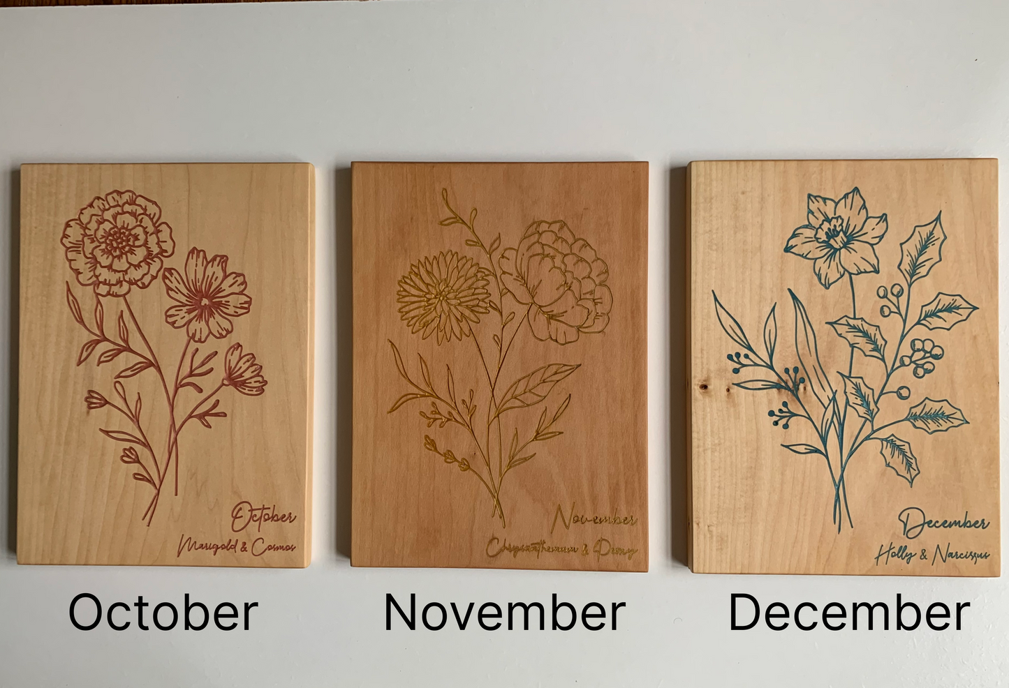 Birth month flower Wooden Wall art | Three pieces wall art | Home deco | Birthday gift | Mother's day gift | Anniversary gift | Perfect Gift idea